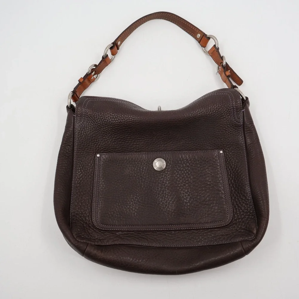 Coach Hobo Shoulder Bag Womens Large Brown Pebbled Leather Purple Stitching